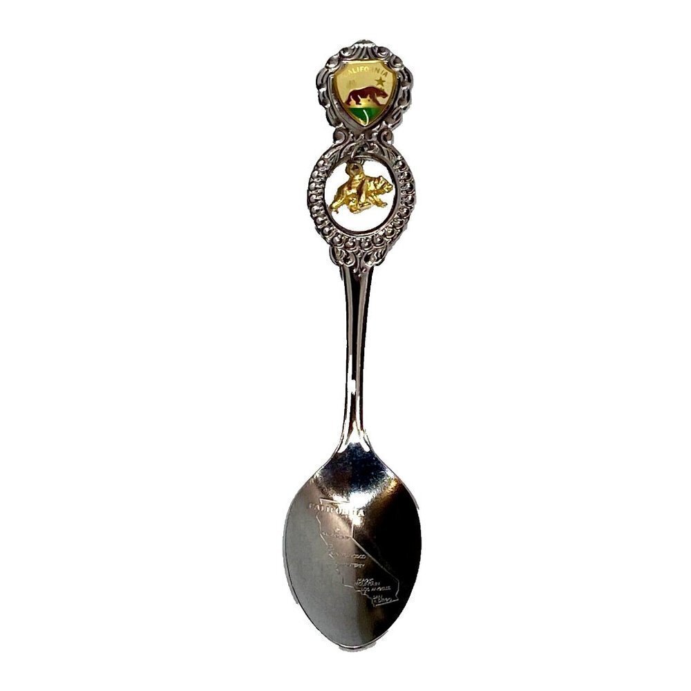 California Stamped Souvenir Spoon 4‎ 5/8" Silver Tone Gold Bear Charm Enamel VTG